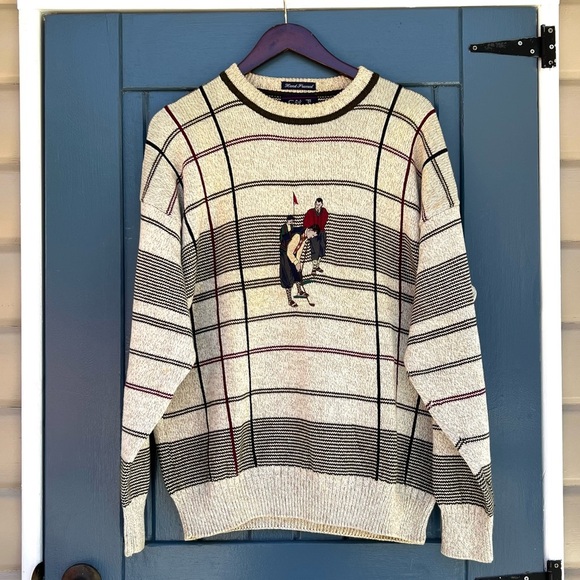Vintage Gant Sweater Hand Framed Golf Striped Tan Grandpa 100% Cotton Men Size L - Picture 1 of 7